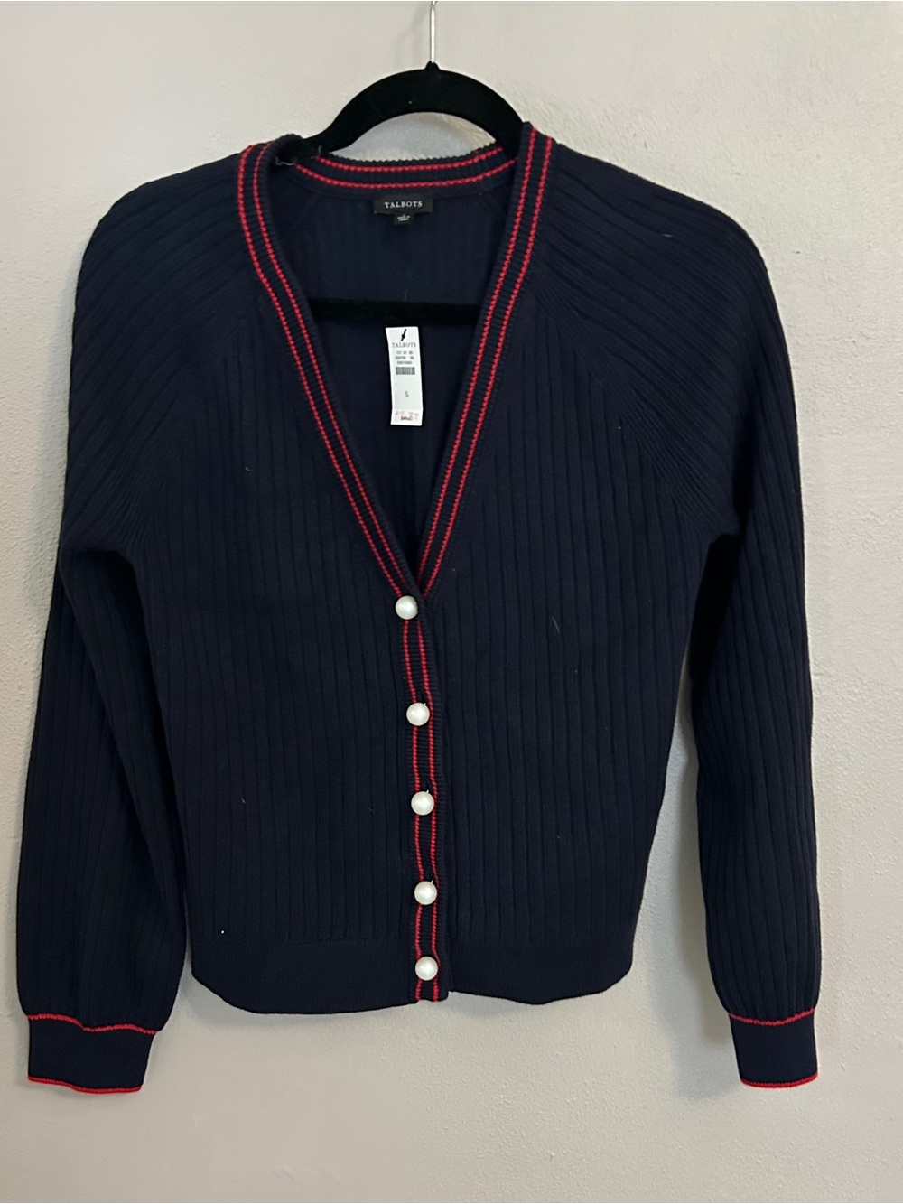 Talbots Navy Ribbed Cardigan Red Trim Pearl Buttons Preppy Nautical